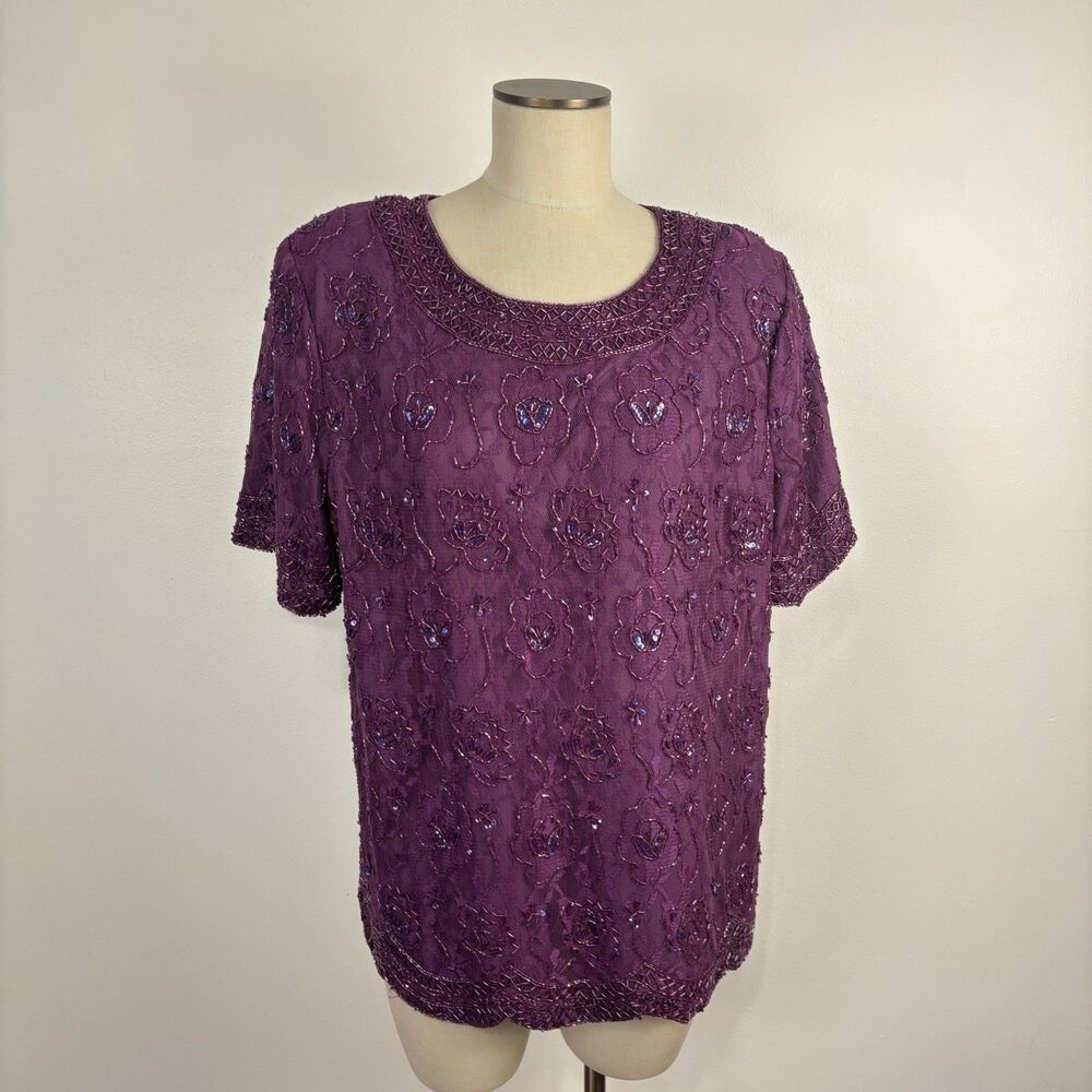 Candlelight & Champagne Formal Top Purple Bead Sequin Zip Short Sleeve 24WP